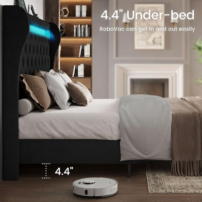 Belffin Queen Size Bed Frame with Headboard,50" Tall Headboard Upholstered Velvet Platform Bed with LED Lights & 2 USB Port/1 Type C Port, Button Tufted, No Box Spring Needed,Noise Free,Black