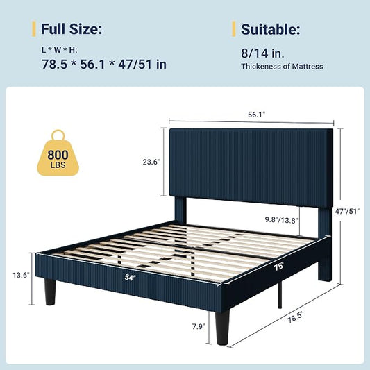 Allewie Full Size Upholstered Bed Frame with Vertical Channel Tufted Headboard, Soft Corduroy Fabric Platform Bed, Strong Wooden Slats Support, Easy Assembly, No Box Spring Needed, Dark Blue