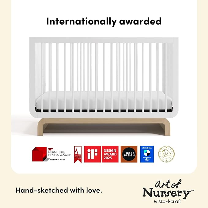 Storkcraft Santorini 5-in-1 Convertible Crib with Toddler Guardrail – GREENGUARD Gold Certified, Conversion Kit Included, 100% Solid Wood, Fits Standard Crib Mattress (White and Driftwood)