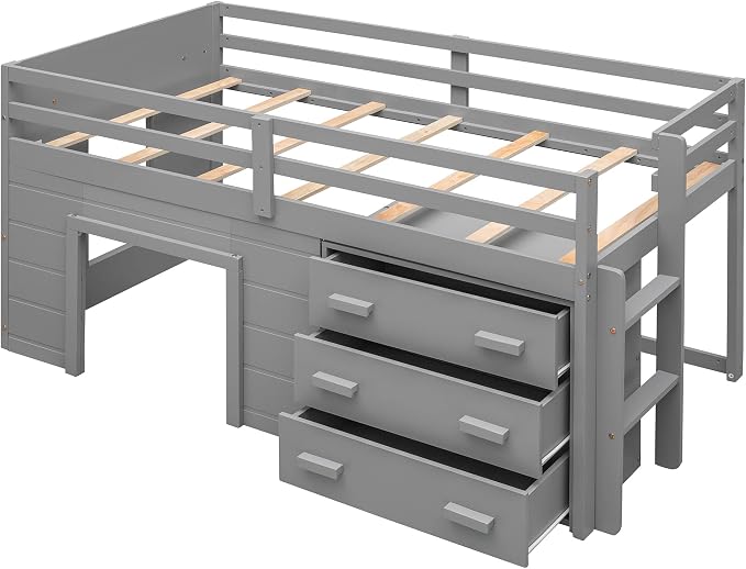 Bellemave Twin Size Low loft Bed for Kids,Wood Modern Farmhouse Twin Loft Bed with and Drawer Storage, No Box Spring Needed, Gray