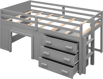 Bellemave Twin Size Low loft Bed for Kids,Wood Modern Farmhouse Twin Loft Bed with and Drawer Storage, No Box Spring Needed, Gray