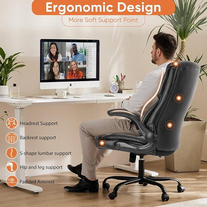 Sweetcrispy Ergonomic Computer Gaming Office Chair Set of 2, Heavy Duty Task Desk Swivel Rolling Chairs with Wheels, Flip-up Arms, Adjustable Height, PU Leather,Inky