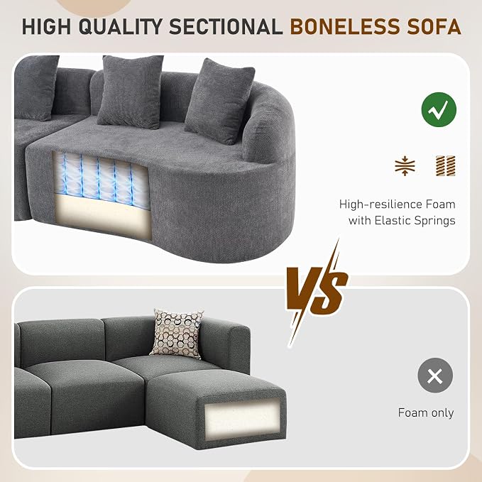 Furnimart 112" Curved Couches for Living Room, Modern Chenille 4-Seater Sectional Sofa Deep Seat with 4 Throw Pillows, Plush Modular Couch, No Assembly Needed, Dark Grey