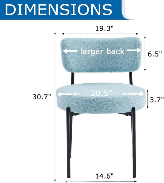 Boucle Dining Chairs Set of 2, Blue Mid Century Modern Kitchen Dining Room Chairs with Curved Backrest and Metal Frame, Round Upholstered Dining Chairs for Kitchen, Living Room