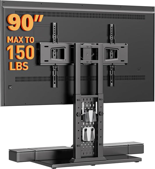 Perlegear Universal Swivel TV Stand for 42-85 90 Inch TVs, Television Stands with Pegboard Storage, Height Adjustable Table top TV Stand Mount, Glass Base up to 150 lbs, Max VESA 600x400mm PGTVS36