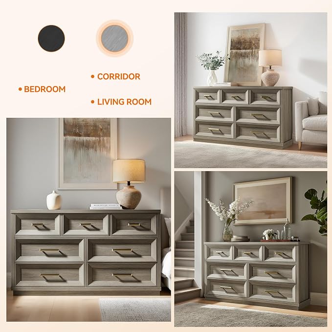 7 Drawer Dresser for Bedroom, 53.5" Wide Wooden Closet Organizers, Modern Chest of Drawers with Metal Handle, Large Storage Dresser TV Stand for Office, Hallway (Grey Oak)