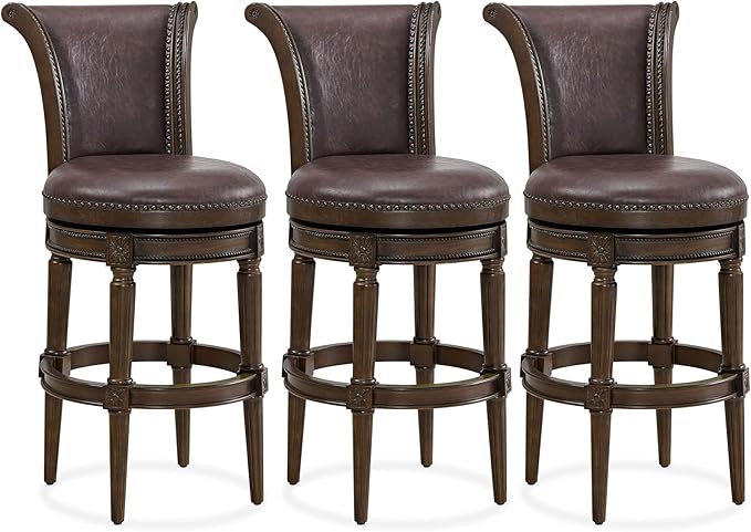 ROME + OAK Set of 3 Runyan 31" Swivel Bar Stool, High Back Barstool in Dark Walnut Finish with Vintage Brown Vegan Leather Seat