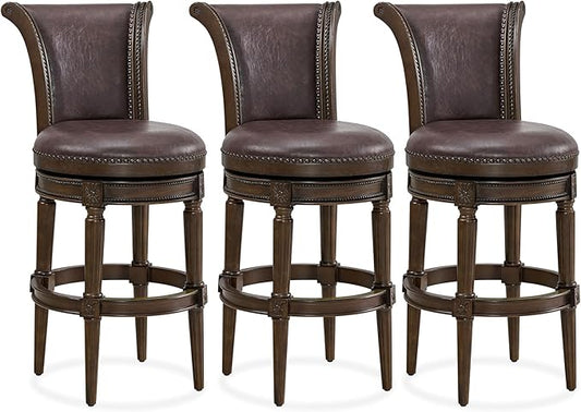 ROME + OAK Set of 3 Runyan 31" Swivel Bar Stool, High Back Barstool in Dark Walnut Finish with Vintage Brown Vegan Leather Seat