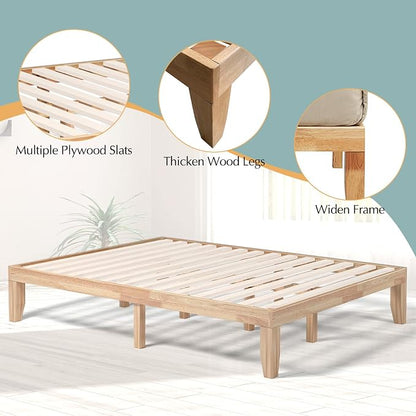 COSTWAY Queen Size Platform Bed Frame, 14 Inches Solid Rubber Wood Bed Mattress Foundation with Sturdy Slats Support, Easy Assembly Bed Frame for Home Hotel, No Box Spring Needed (Natural, Queen)