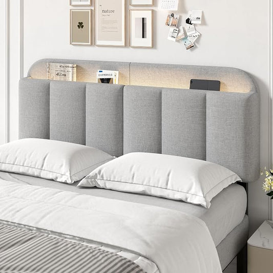 Queen Size Adjustable Headboard, Upholstered Headboard with Storage, APP Controlled LED Light, Padded Head Board Only, Sturdy Metal Foot Frame, Vertical Channel Design for Bedroom, Grey