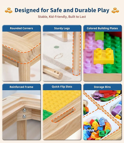 JOIN&JOY 28" Kids Activity Table, Compatible with Lego & Duplo Bricks, 4 Foldable Storage Bins, Premium Solid Pine Wood Play Desk, Reversible Tabletop for Multi-Child STEM Learning & Crafts