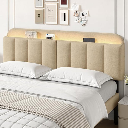 King Size Adjustable Headboard, Upholstered Headboard with Storage, APP Controlled LED Light, Padded Head Board Only, Sturdy Metal Foot Frame, Vertical Channel Design for Bedroom, Beige