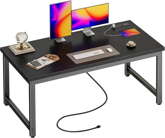 Huuger 55 x 24 inch Desk with Power Outlets & USB-C, Deeper & Thicker Desktop, Robust Metal Tubes, Computer Desk, Heavy Duty Office Desk, Work Gaming Desk for Home Office, Black