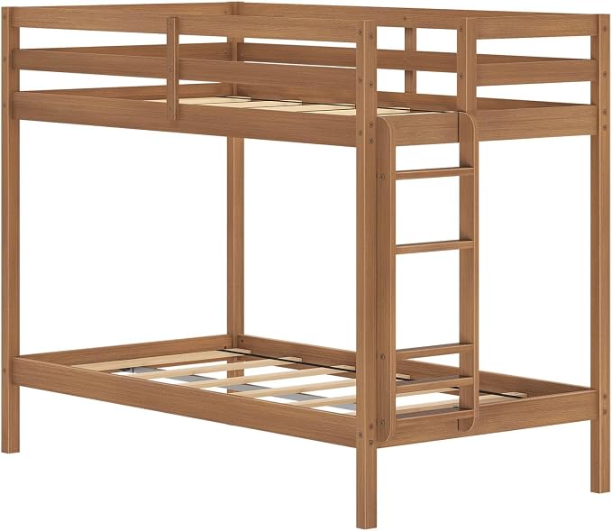 Grain & Grove Bear Twin Over Twin Bunk Bed, Sturdy Bunk Bed Frame for Kids, Plywood Bunk with Ladder, Guardrail, and Slats, No Box Spring Required, Oak Embossed Pecan