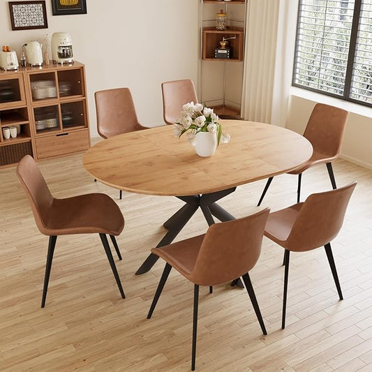 HIPIHOM 43.2"-59.1" Extendable Round Kitchen Table Set for 6 | Round dining table with 6 PU leather chairs, mid century oak, MDF board, space saving, for 4-6 persons