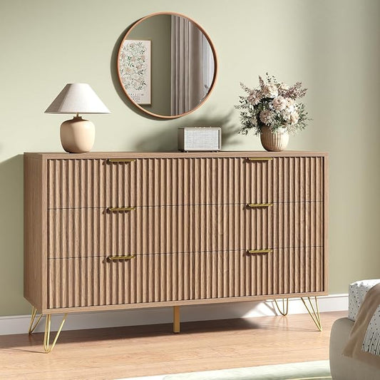 Fluted 6 Drawers Dresser for Bedroom, Wood Dressers with Scratch-Proof Golden Handles, Natural Curved Profile, Modern Double Chest for Living Room, Hallway, Entryway, Natural Oak