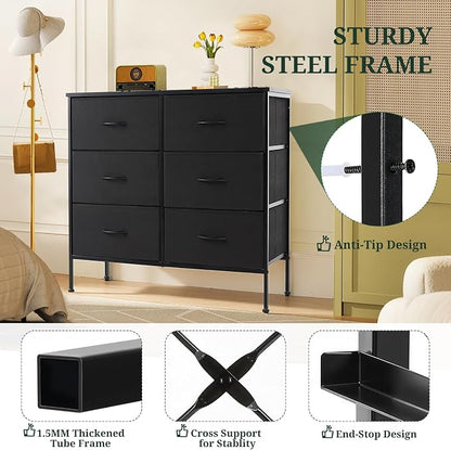 6-Drawer Dresser for Bedroom, Anti-Tip Wide Storage Organizer Chest of Drawers with Wooden Top and Metal Frame Fabric Bins for Closet, Living Room, Hallway, Entryway, Black