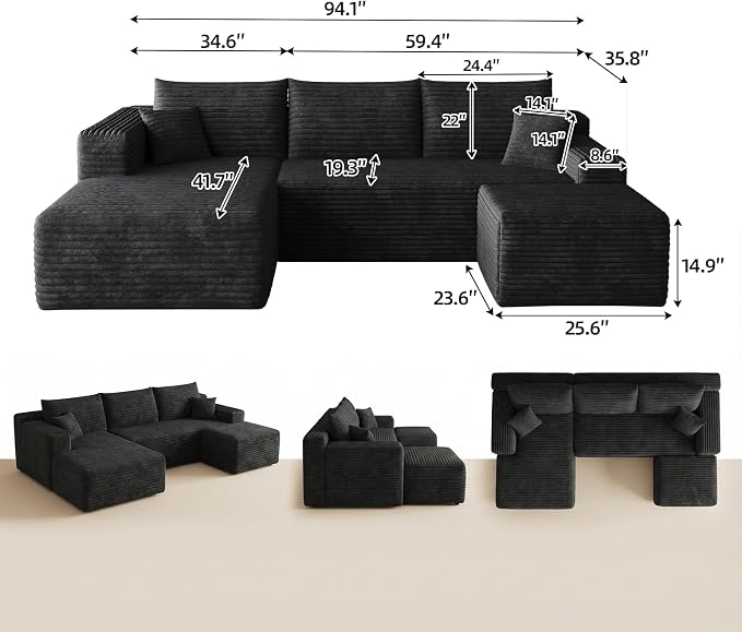 JINGLING 94" U Shaped Boneless Sectional Couch Set for Living Room, Plush Corduroy Modular Sofa with Ottoman, Small Space Apartment Couch, No Assembly, Left Facing Chaise, Black