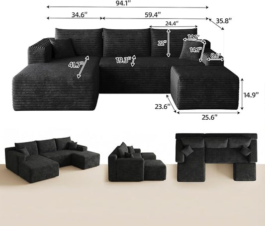 JINGLING 94" U Shaped Boneless Sectional Couch Set for Living Room, Plush Corduroy Modular Sofa with Ottoman, Small Space Apartment Couch, No Assembly, Left Facing Chaise, Black