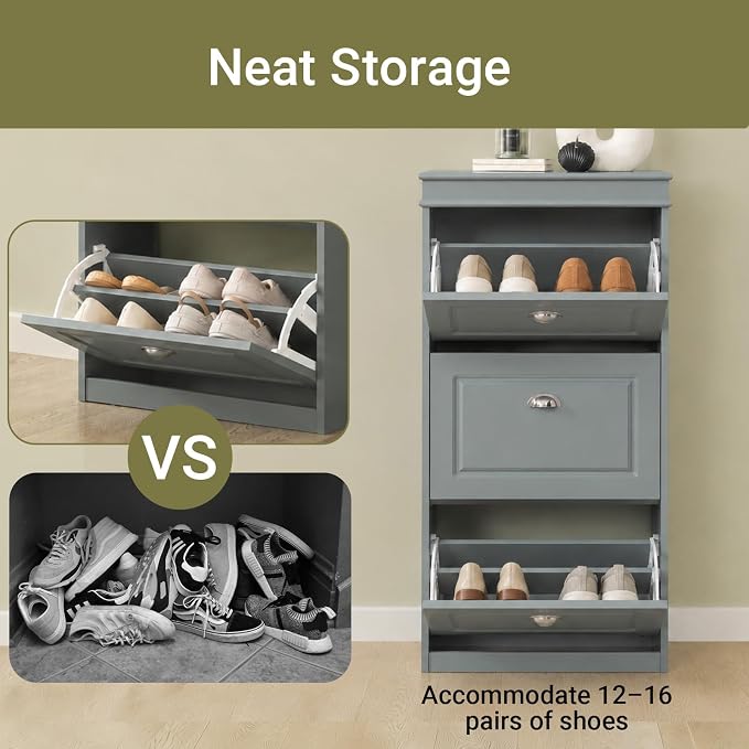 Haotian FSR94-HG, Grey Shoe Storage Cabinet with 3 Flip Drawers, Freestanding Shoe Rack, Shoe Storage Cupboard Organizer(9.4" D x 20.9" W x 46.1" H)