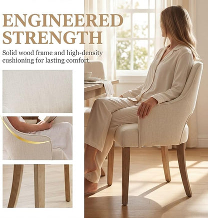 Linen Upholstered Dining Chairs Set of 6 with Arms | Cream Linen Fabric, Breathable Upholstery, Curved Backrest, Cushioned Seat, Solid Wood Legs, Farmhouse Style For Dining Room