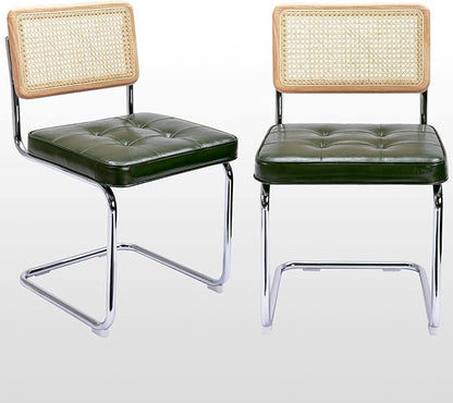 Zesthouse Natural Rattan Dining Chairs Set of 2, Mid Century Modern Dining Room Chairs with Chrome Leg, Faux Leather Kitchen Chair with Solid Wood Back & Cane Mesh, Breuer Cesca Design Inspired, Green
