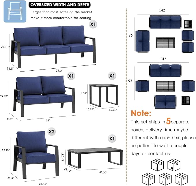 Aluminum Outdoor Loveseat, Oversized Patio Couch, Modern Sofa All Weather Metal Furniture Set with 5" Cushions (Black/Blue)