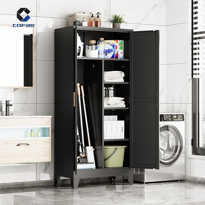 COFaR Metal Wardrobe Closet, 71'' Tall Steel Bedroom Armoire with Adjustable Hanging Rod and Shelves, Broom Closet Storage Cabinet for Garage Laundry Office, Farmhouse Black