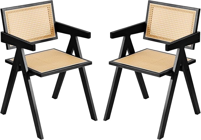 Tiita Rattan Accent Chairs, Mid Century Modern Dining Chairs Set of 2, Bamboo Living Room Chair for Reading Room Dining Kitchen, Black
