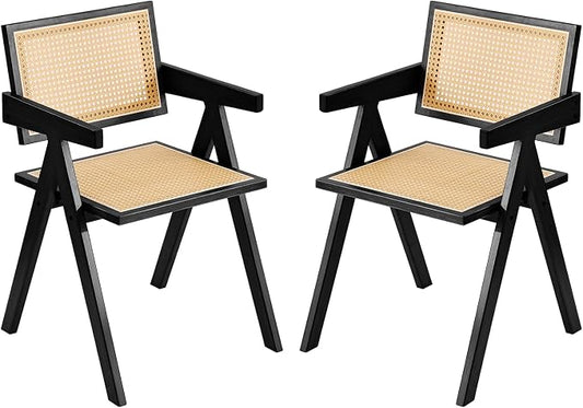 Tiita Rattan Accent Chairs, Mid Century Modern Dining Chairs Set of 2, Bamboo Living Room Chair for Reading Room Dining Kitchen, Black