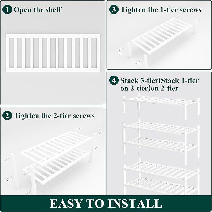 Smiry Bamboo Shoe Rack, 5 Tier Free Standing Wooden Shoe Organizer, Stackable Wood Shoe Storage Shelf for Closet, Entryway, 14 Vertical Slats, 2+2+1 Stack Heavy-Duty Legs, 26.8"x11"x32.5", White