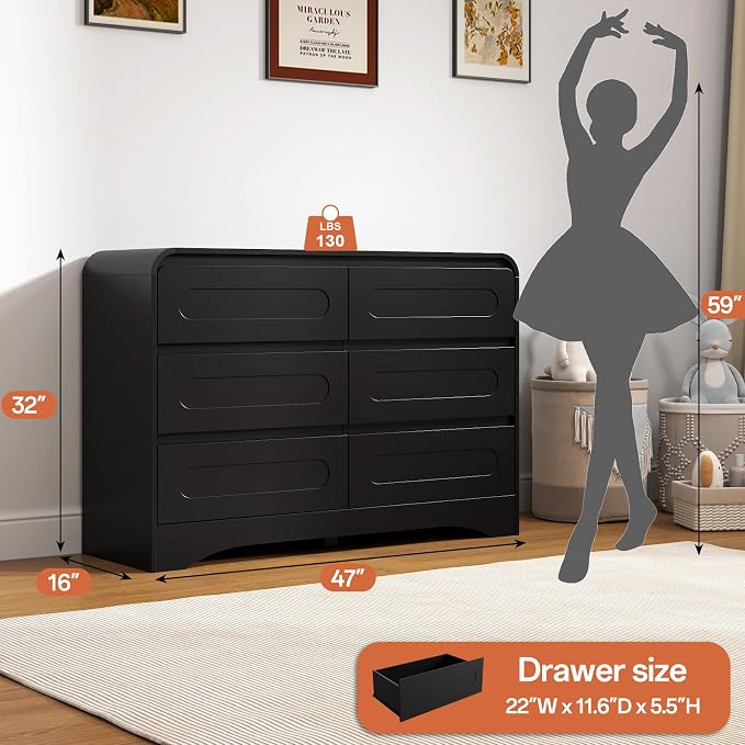 4 Pcs Bedroom Set, Dresser and Nightstand Sets | Including Modern Wooden Tall 6 Drawer Dressers, Wide 6 Drawers Dresser & Night Stand Set of 2 for Bedroom, Black