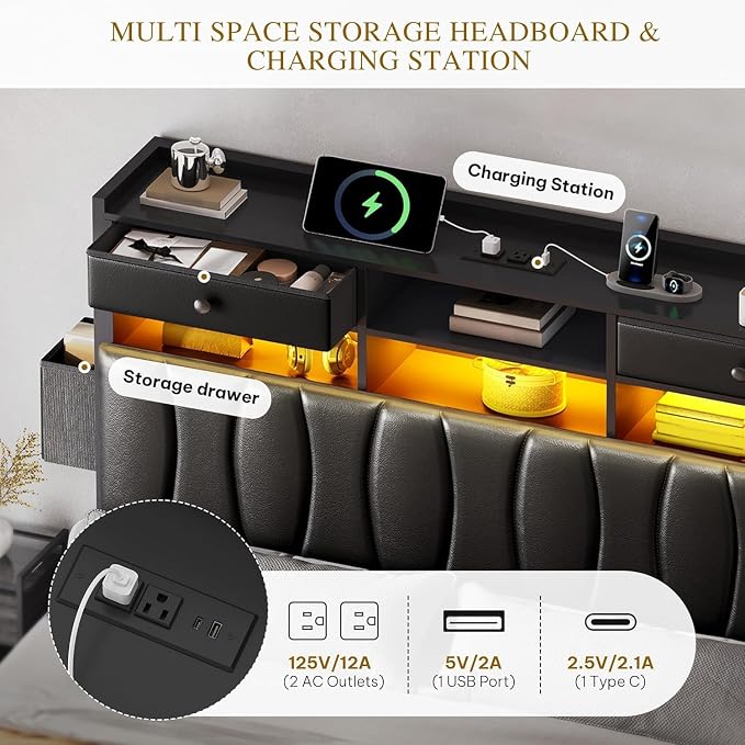 YITAHOME Queen Size with 2 Storage Drawers and Charging Station, Upholstered Bed with Storage Headboard and LED Light, Heavy Duty Metal Support, No Box Spring Needed, Noise Free, PU Leather Black
