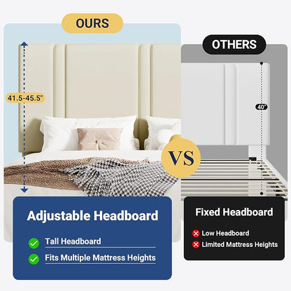 Allewie Queen Platform Bed Frame with Adjustable Headboard, Plush Velvet Upholstered, Vertical Channel Tufted, Sturdy Wooden Slats, No Box Spring Needed, Easy Assembly, Cream