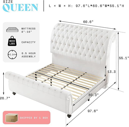 AMERLIFE 55" Tall Sleigh Bed Frame with Scroll Headboard & Footboard, Velvet Upholstered Platform Bed with Deep Button Tufted, Solid Wood Legs, No Box Spring Needed, White, Queen