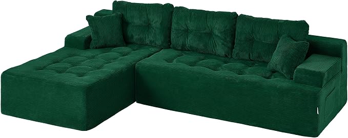 Hobestluk Modular Sectional Sofa Couches L-Shape Couch 3 Seat Modular Sofa Memory Foam Sectional Couches for Living Room, Cloud Couch with Oversized Chaise (Emerald Corduroy, 96", Left Hand Facing)