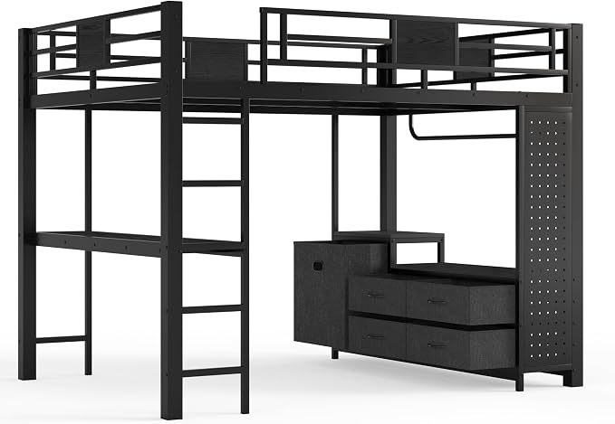 Bellemave Queen Size Loft Bed with Desk and Storage Pegboard, Queen Loft Bed Frame with Storage Drawers, Laundry Hamper and Clothes Hanging Rod, Adults Loft Beds Nosie-Free, Black