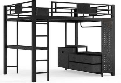 Bellemave Queen Size Loft Bed with Desk and Storage Pegboard, Queen Loft Bed Frame with Storage Drawers, Laundry Hamper and Clothes Hanging Rod, Adults Loft Beds Nosie-Free, Black