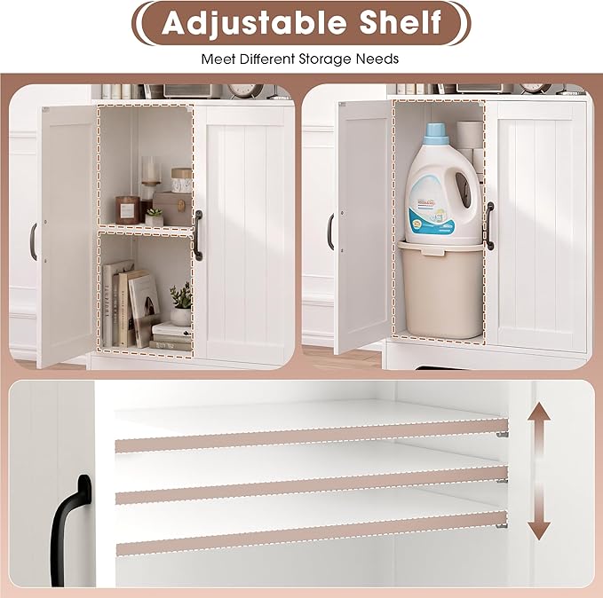 GRUSIGN 43.3" H Bathroom Storage Cabinet with Doors, Freestanding Small Bathroom Cabinet Organizer, Farmhouse Cupboard, Adjustable Shelves, for Laundry Room, Kitchen, Living Room, White
