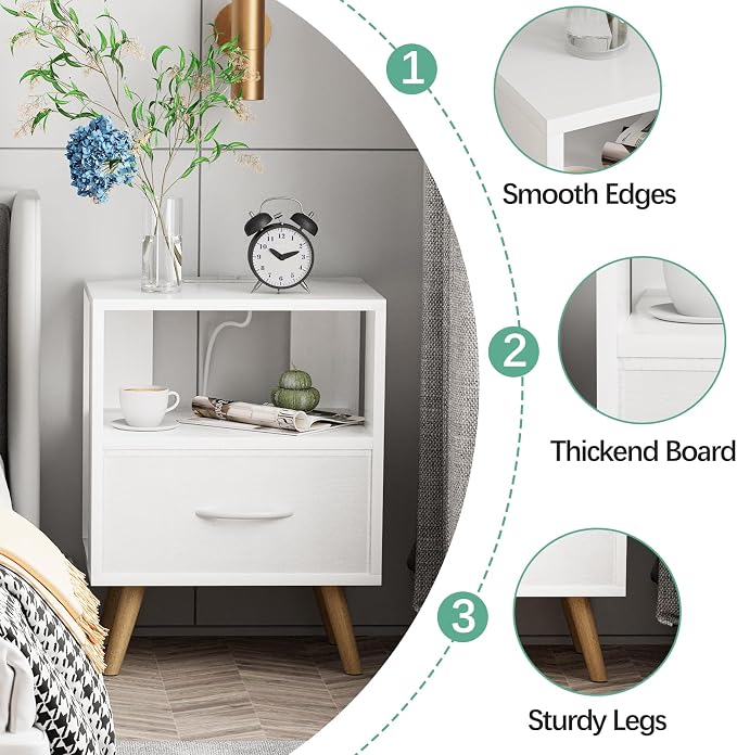 Aenuert Night Stand with Charging Station, White Nightstand with Drawer, 3-Tier Wooden Bedside Table with USB Ports and Outlets, End Table for Small Space, Living Room, Bedroom