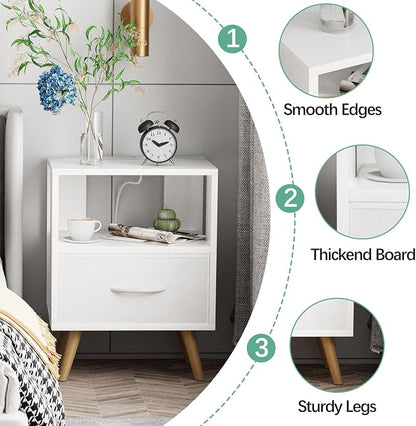 Aenuert Night Stand with Charging Station, White Nightstand with Drawer, 3-Tier Wooden Bedside Table with USB Ports and Outlets, End Table for Small Space, Living Room, Bedroom