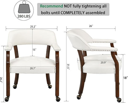 LEEMTORIG Large Dining Chairs with Casters and Arms, Rolling Dining Chairs with Wheels, Accent Game Poker Chairs, Wood Boss Caption's Chairs, 26“Dx25.2 Wx31.5“H, Cherry Legs & Ivory PU, SY-1533-WT
