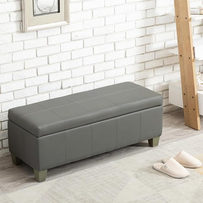 41" Storage Ottoman, Storage Bench with Safety Hinge, Upholstered Synthetic Leather Ottoman Bench for Bedroom, Living Room, Entryway, Hallway, Foot Rest, Support 500lbs, Grey