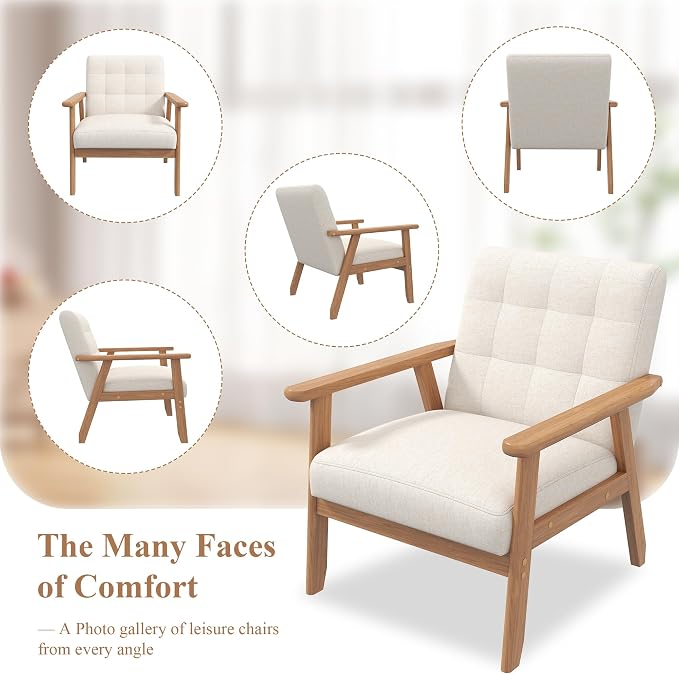 Mid-Century Accent Chairs Set of 2, Solid Wood for Living Room, Beige Linen | Relaxing Arm Chair with Soft Thicken Cushion, Comfy Reading Chair for Bedroom, Balcony, Natural Legs, Easy to Setup