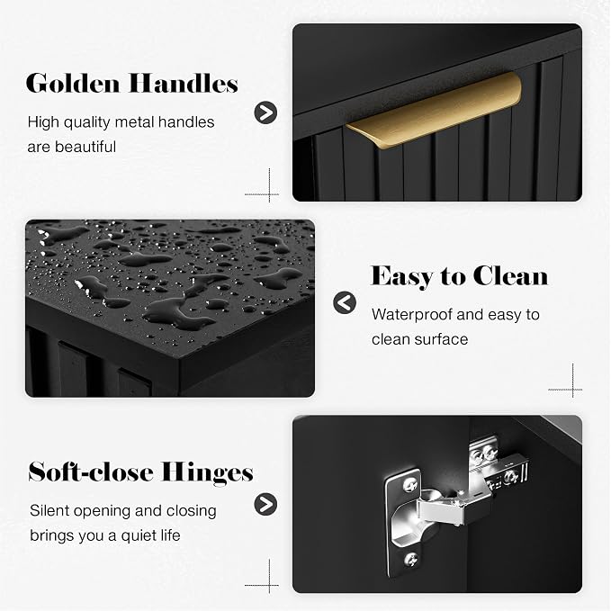 Fluted Storage Cabinet, Buffet Cabinet with Storage, Wood Sideboard with Adjustable Shelf, Modern Accent Cabinet & Console Table for Entryway, Living Room, Dining Room, Black