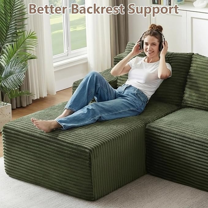 96" Cloud Sectional Couch with L-Shape Chaise, Modular Comfy Sofa Chaise Longue, Upholstered Corduroy Couches Sleeper with Deep Seat for Living Room Bedroom, No Assembly Required(Green, Left Facing)