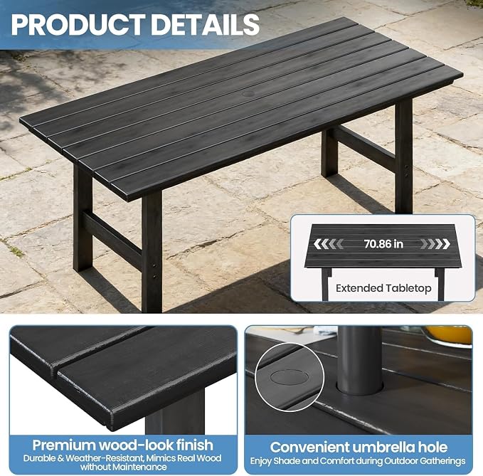 Outdoor Dining Set,5-Piece Patio Table and Chairs Set for 4, HDPE Outdoor Dining Table and Chairs with Umbrella Hole, All-Weather Patio Dining Furniture Set,Black