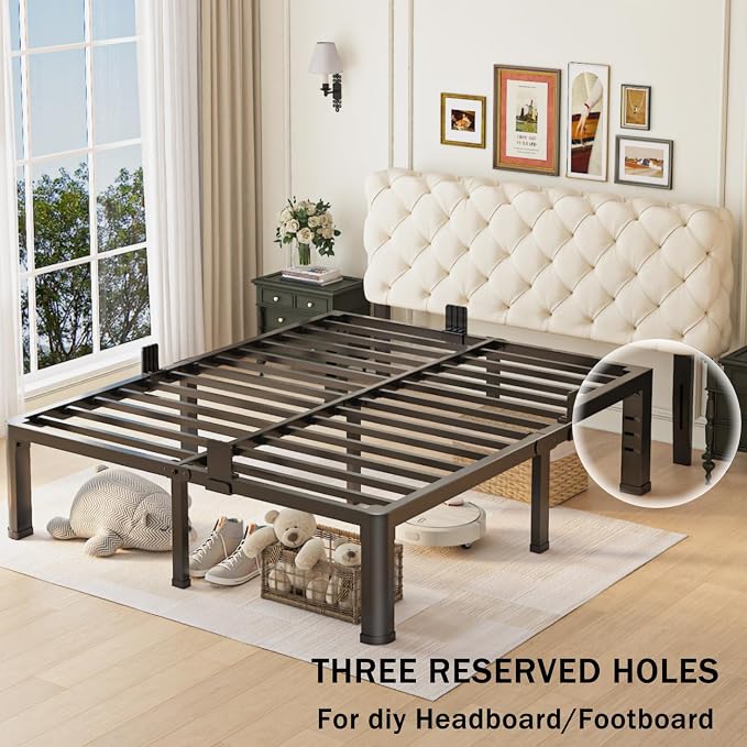 10 inch Full Size Bed Frame with Round Corner Legs and Headboard Hole Mattress Slide Stopper Low Profile Heavy Duty Metal Platform,Steel Slat Support,No Box Spring Needed,Easy Assembly,Noise Free