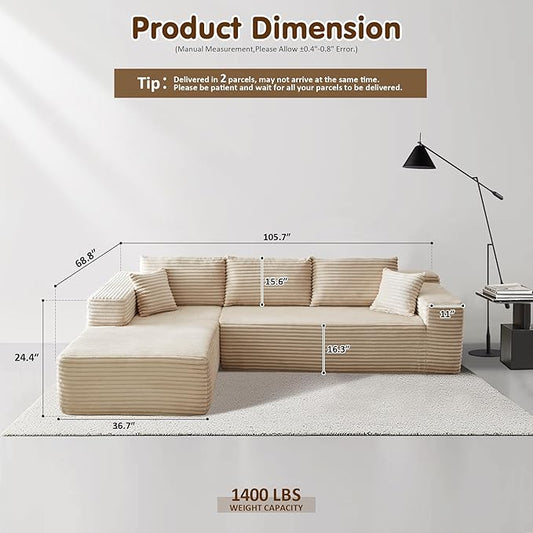 ovios 104" Cloud Boneless Couch with L-Shape Chaise,Modern Sectional Modular Sofa with Deep Seat, Upholstered Couches for Living Room Bedroom,No Assembly Required, Beige (Plush Corduroy Fabric)