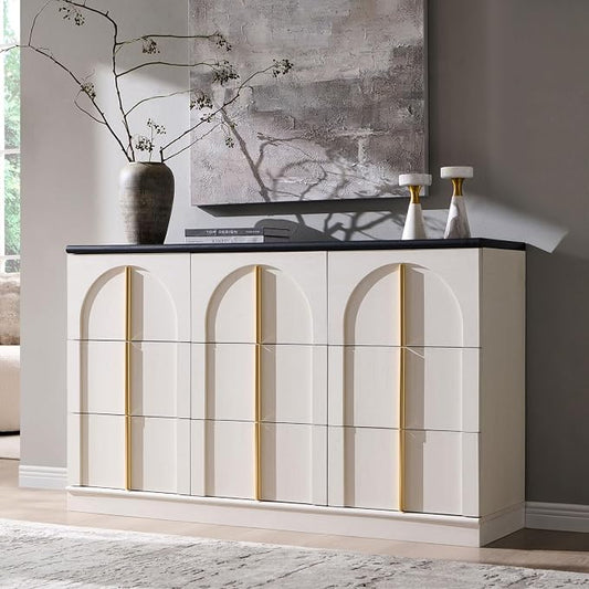 ACCOHOHO Arched Dresser for Bedroom with 9 Drawers, 52" Wide Modern Chest of Drawers with Rounded Edge & Metal Handles, Wood Storage Closet Dressers TV Stand for Living Room, Hallway, White